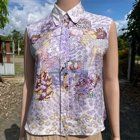 HERMES Paris Seeveless Silk Shirt Top Ocean Print Recontre Oceane Size 38 S NWT - Picture 2 of 16